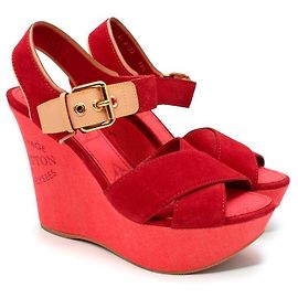 Louis Vuitton Red Denim & Suede Crossover Wedge Sandals Red