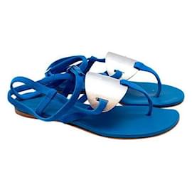 Hermès-Hermes Blue Suede Ankle Wrap Thong Sandals-Blue