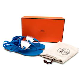 Hermès-Hermes Blue Suede Ankle Wrap Thong Sandals-Blue