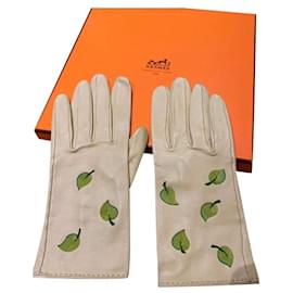 Hermès-RARE GLOVES WITH LEAF MOTIVE-Green,Grey