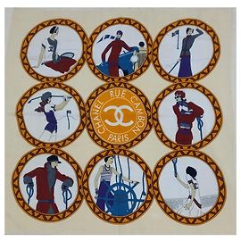 Cachecol Chanel Rue Cambon Novelty Country Club Branco Azul Cru Castanho escuro Roxo escuro