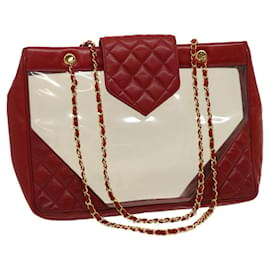 Chanel-CHANEL Matelasse Chain Shoulder Bag Lamb Skin Enamel Red Clear CC Auth 29894a-Red,Other