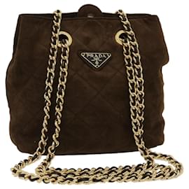 Prada-PRADA Quilted Chain Shoulder Bag Suede Brown Auth ar7111-Brown