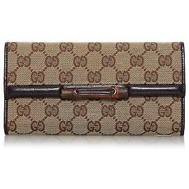 Cartera larga de lona con GG de bambú marrón de Gucci Castaño Beige Marrón oscuro