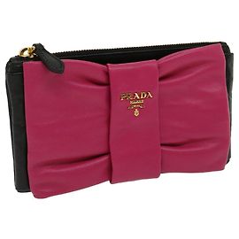 Ruban PRADA Pochette Cuir Noir Rose Auth 29901A Noir Rose