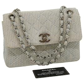 Chanel-Bolsa de ombro CHANEL Matelasse Tweed Turn Lock Corrente Branco Azul Claro Autêntico 29960NO-Branco,Azul claro