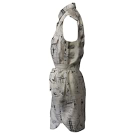 Burberry-Burberry Landmark Print Belted Sleeveless Dress Shirt in Off White Silk-Other