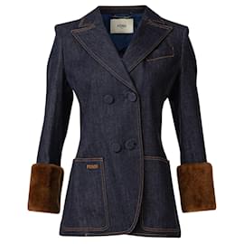 Fendi-Mink Cuffs Denim Fitted Jacket Blue-Blue