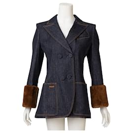 Fendi-Mink Cuffs Denim Fitted Jacket Blue-Blue