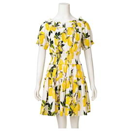 Dolce & Gabbana-Lemon Print Smocking Detail Cotton Dress-Yellow