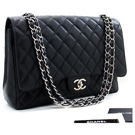 CHANEL Large Classic Handbag Chain Shoulder Bag Flap Black Caviar Black