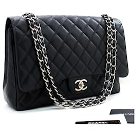 Chanel-CHANEL Borsa a mano classica grande con catena e tracolla con patta in caviale nero-Nero