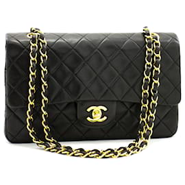 Chanel-Chanel 2.55 Bolso de hombro mediano con cadena y solapa forrada Piel de cordero negra-Negro