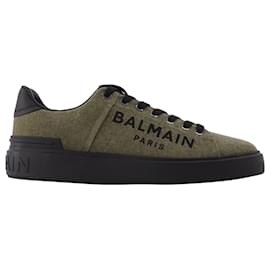 Balmain-B Court-Canvas&Logo in Khaki and White Leather-Green,Khaki