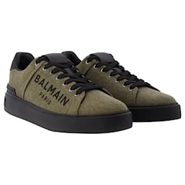 Balmain-B Court-Canvas&Logo in Khaki and White Leather-Green,Khaki