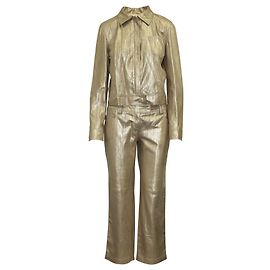 Dior Conjunto de jaqueta e calça vintage de couro de cabra dourado metálico Dourado Metálico