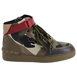 Valentino Camo Rockstud High Top Sneakers in Green Leather Green