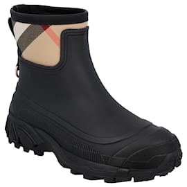 Burberry-Stivali da pioggia Burberry da donna con pannello a quadri in gomma nera-Nero