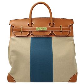 Drapeau Hermès Birkin HAC 50 Cabas en Toile Marron et Bleue Multicolore