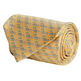 Salvatore Ferragamo-Elephant-Print Silk Necktie-Yellow