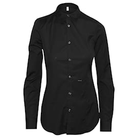 Dsquared2-Dsquared2 Langarmhemd mit Knopfleiste vorne aus schwarzer Baumwolle-Schwarz