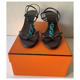 Hermès-Sandals-Blue,Dark brown