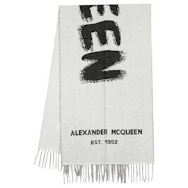 Alexander Mcqueen-Graffiti Biker Scarf in Black and Ivory Wool-White