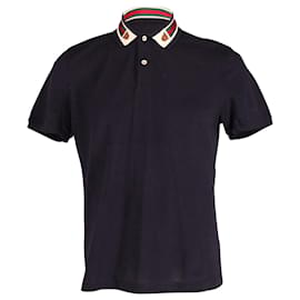 Gucci-Gucci upperr And Web Stripe Polo Shirt in Navy Blue Cotton-Navy blue