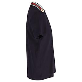 Gucci-Gucci upperr And Web Stripe Polo Shirt in Navy Blue Cotton-Navy blue