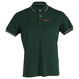Prada-Prada Striped Trim Detail Polo T-Shirt in Green Cotton-Green