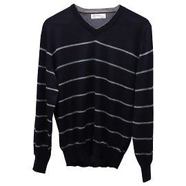 Pull Col V Rayé Brunello Cucinelli en Cachemire Bleu Marine Bleu Marine
