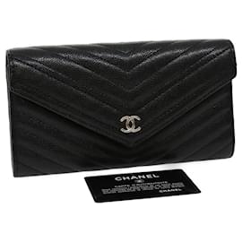 Chanel-CHANEL V stitch Long Wallet Caviar Skin Black CC Auth 30285a-Black