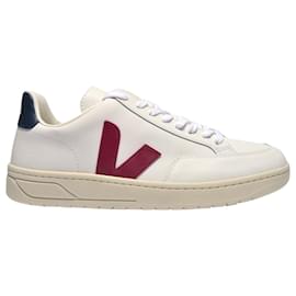 Veja-V-12 Turnschuhe aus weißem und blauem Leder-Weiß