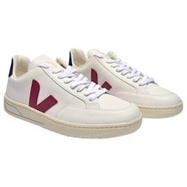 Veja-V-12 Turnschuhe aus weißem und blauem Leder-Weiß