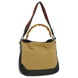 Gucci-GUCCI Wood Hand Bag Canvas Leather Beige Brown Auth rd2214-Brown,Beige