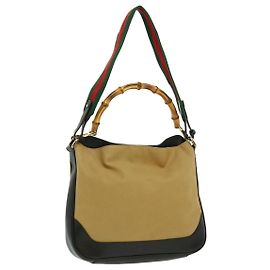 GUCCI Holz Handtasche Canvas Leder Beige Braun Auth rd2214 Braun Beige