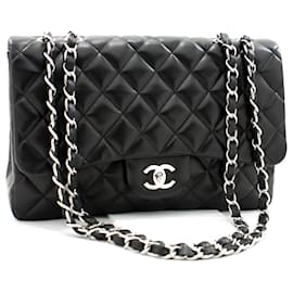 Chanel-CHANEL Grand sac à main classique 11"Chaîne Bandoulière Rabat Agneau Noir-Noir