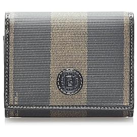 Fendi-Fendi Brown Tri-Fold Pequin Small Wallet-Brown,Black