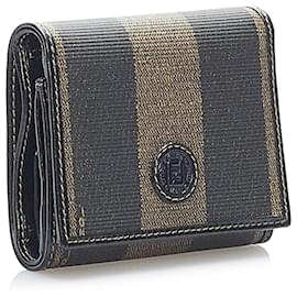 Fendi-Fendi Brown Tri-Fold Pequin Small Wallet-Brown,Black