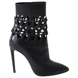 Alaïa-Alaia Laser Cut Heeled Boots in Black Leather-Black
