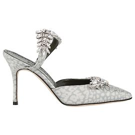Manolo Blahnik Lurum Embellished Satin Mules Silvery Metallic