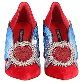Dolce & Gabbana-Dolce & Gabbana Sacred Heart Wings Embroidered Lori Pumps in Red and Blue Velvet -Multiple colors