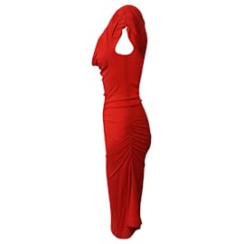 Vivienne Westwood-Vivienne Westwood Cowl Neck Drape Bodycon Dress in Red Nylon-Red