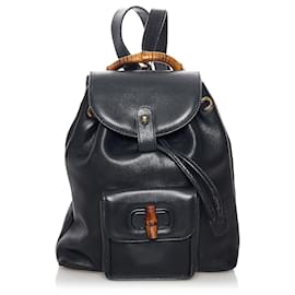 Gucci Black Bamboo Drawstring Leather Backpack Black