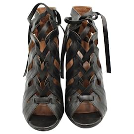 Alaïa-Alaia Lace Up Peep Toe Ankle Boots in Black Leather-Black