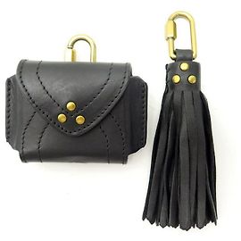 NEW SET JEROME DREYFUSS POMPON M KEY RING AND LOUIS BLACK LEATHER AIRPOD CASE Black