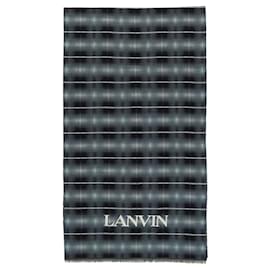 Lanvin-Lanvin Plaid Logo Wool Scarf-Blue