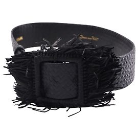 Oscar De La Renta Gewebter Raffia-Gürtel mit Fransen aus schwarzem Leder Schwarz