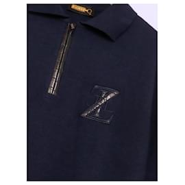 Zilli-Zilli Navy Knit Faux Croc Trim Polo Shirt-Navy blue