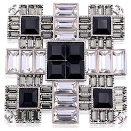 Chanel-Silver Metal Clear Black Crystals Square Brooch Pin-Silvery